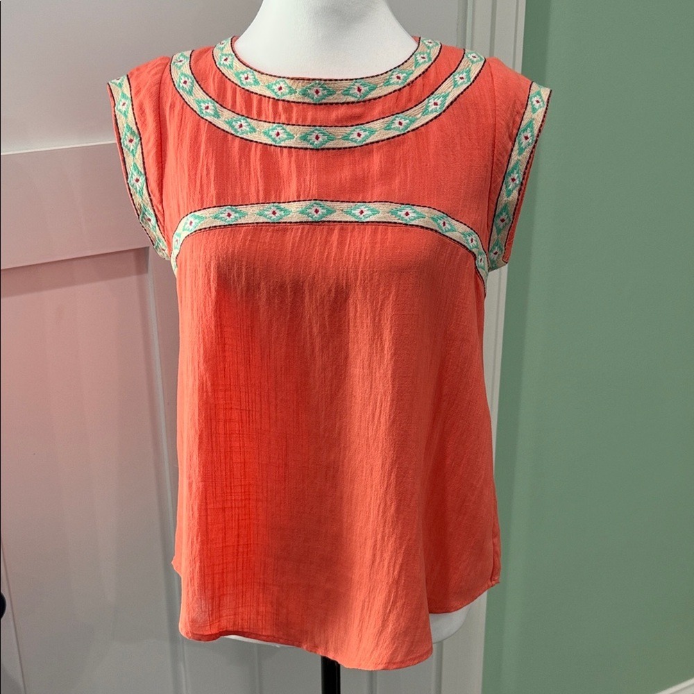 THMC Blouse By Anthropologie Coral Embroidered With Aztec Print. Size XS